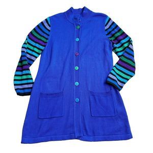 Bob Mackie Wearable Art Size L Longline Cardigan Blue Striped Sleeve Buttons